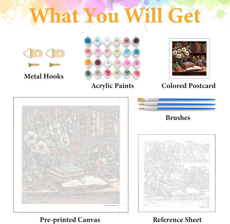 Okarina Paint by Numbers Kit for Adults Beginner Book, Adult Paint by Number Kits on Canvas, Bookshelf DIY Acrylic Oil Painting by Numbers for Adults, Flower for Home Wall Decor 16X16 Inch - Image 5
